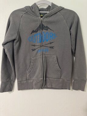 Cabela's Gray Hooded Puffer Jacket with Blue 'Outdoors' Graphic